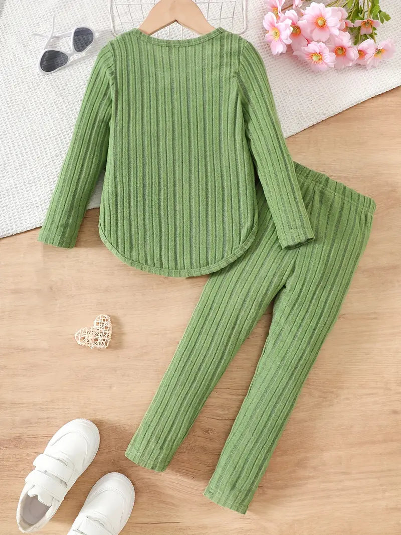 2pcs Set. Girls' Long Sleeve Crew Neck Outfit for Autumn/Winter, Plush Ribbed, Straight Leg Leggings Different Colours and Sizes Avaialble.