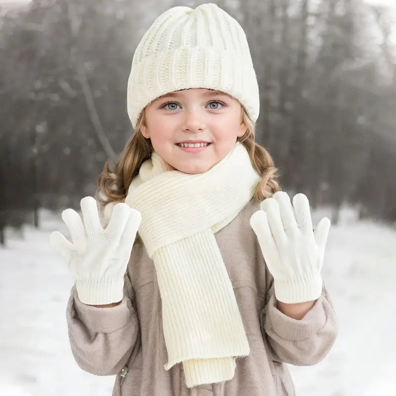 3pcs Set Knitted Hat, Gloves & Scarf Combo for Boys and Girls Aged 3-8