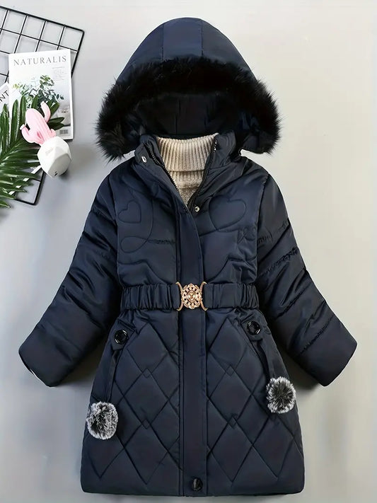 Cosy Thickened Winter Girls' Hooded Jacket Adjustable Belt, Long Sleeve Zip-Up Coat Navy Blue /age 11-12 Years