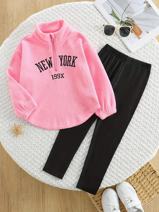 Girls' Fashion Two-Piece Set: Zipper High Neck Long Sleeve Letter Embroidery Lined Top + Solid Colour Ankle-Length Leggings Pink and Black Aged 8 Years