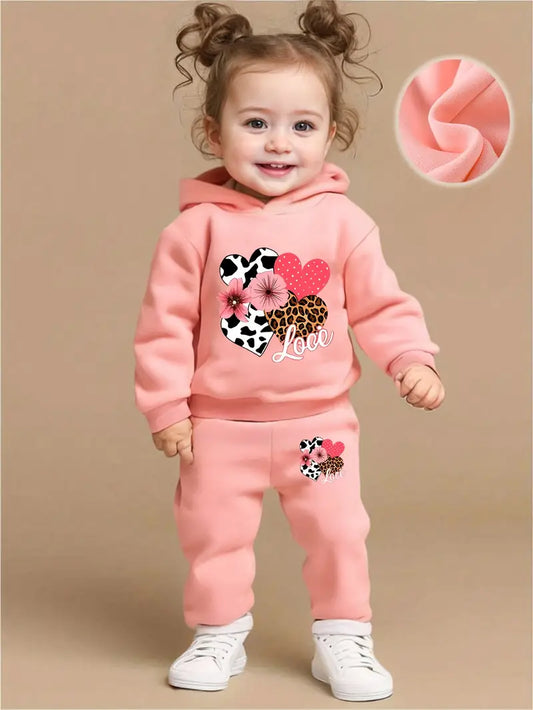 Baby Girl Love Flower Pattern Hoodie and Casual Joggers Two Piece Set Autumn and Winter Sportswear, Perfect for Outdoor
