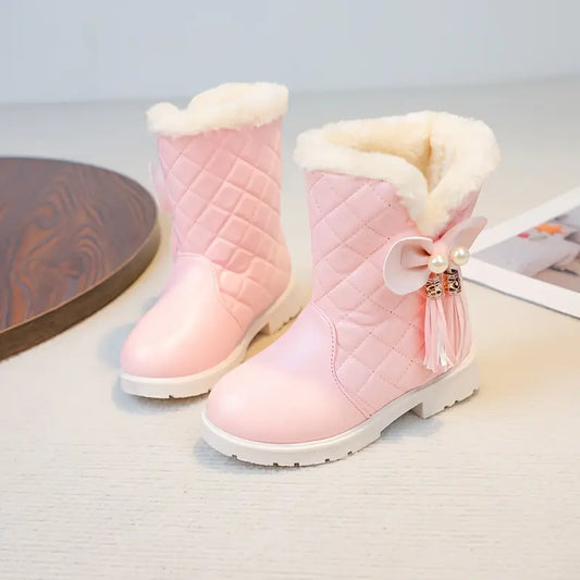 Girls' Winter Boots with Faux Fur Trim & Heart/Bow/Clasp Decorations - Slip-Resistant Rubber Sole, Warm Mid-Calf Height Snow Boots Size UK 8.5 Toddler