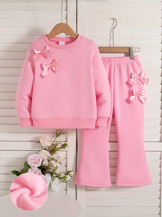 Girls' 2 Piece Casual Outing Fashion  Bowknot Round Neck Long Sleeve Top and Joggers Fleece-Lined Tracksuit Age 2-3 Years