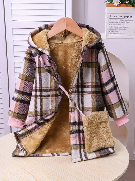 Fleece-Lined Plaid Jacket for Girls Winter Hooded Mid-Length Checkered Coat with Pockets, Pink and Brown