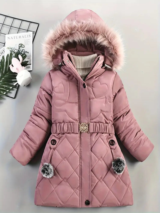 Cosy Thickened Winter Girls' Hooded Jacket Adjustable Belt, Long Sleeve Zip-Up Coat Pink Age 5-6 Years