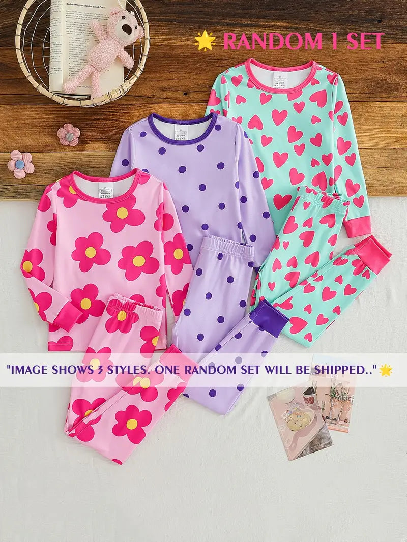 3 Sets Girls' Warm Long Sleeve Top & Trousers Pyjama Set, Cute Fashion Floral/Polka Dot/Heart Print, Light -Friendly Breathable