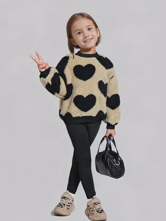 Girls' Autumn Winter Set Fashion Heart Flannel Pullover Top + Trousers Trendy Warm Outdoor Clothing Black and White