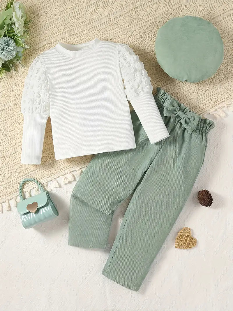 Young Girls Outfit Textured Puff Sleeve Top & Bow Front Pants & Hat 3-piece Set