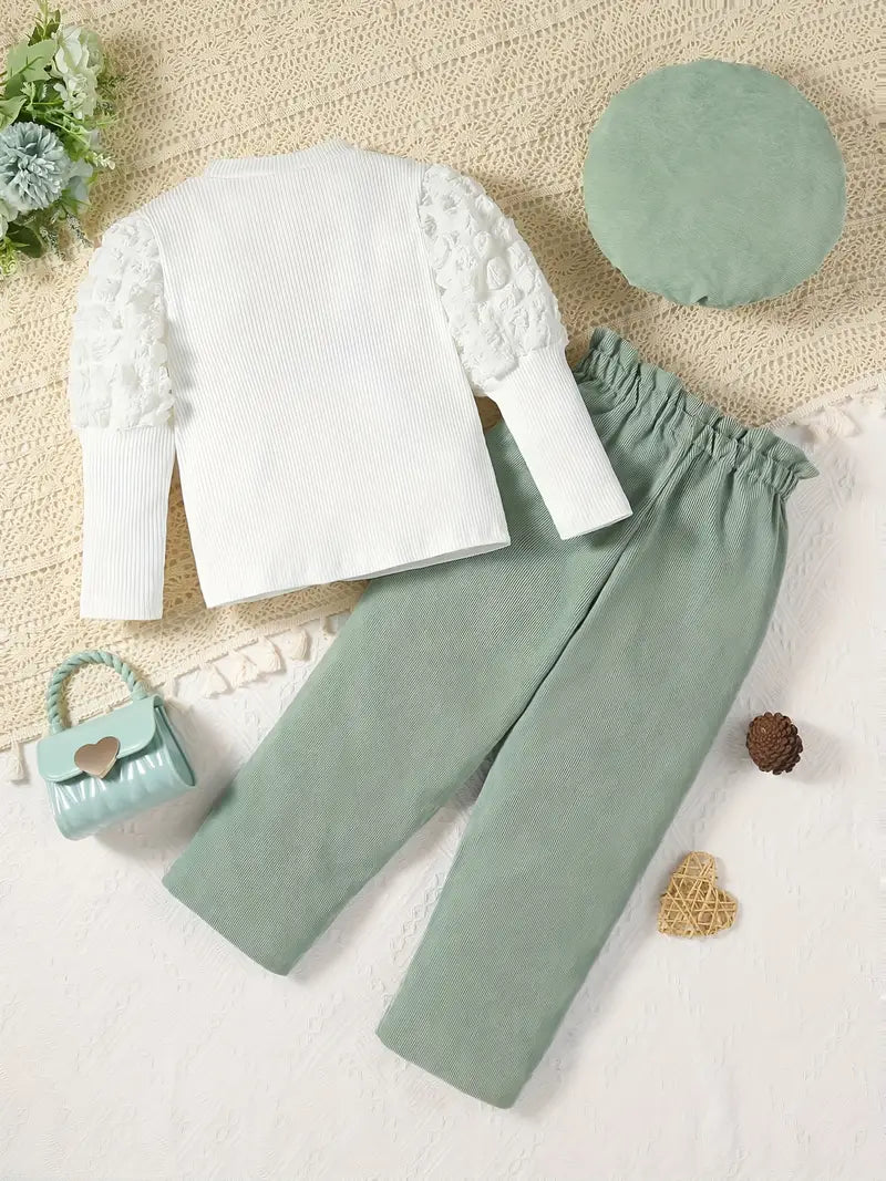 Young Girls Outfit Textured Puff Sleeve Top & Bow Front Pants & Hat 3-piece Set