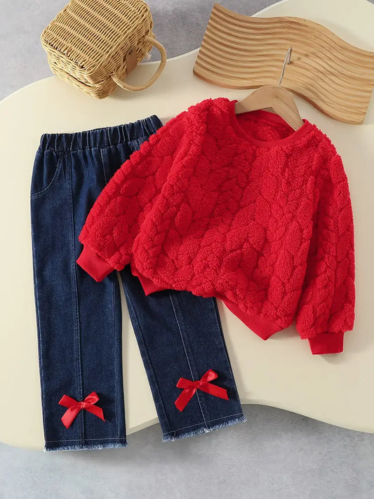 Girls 2pcs Set: Solid Colour Round Neck Fleece-Lined Long Sleeve Sweatshirt + Regular Fit Faux Denim Bow-Decorated Ankle-Length Faux Denim, REd and Blue Age 5 Years