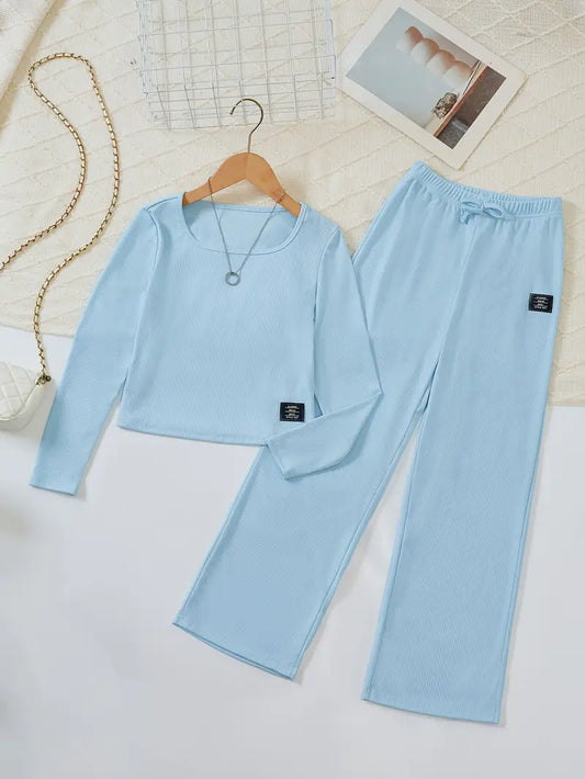 Girls' Casual Square Neck Long Sleeve Top & Wide-Leg Trouser Set - Red, Loose Fit with Small Tag Detail, Comfortable Stretch Fabric,