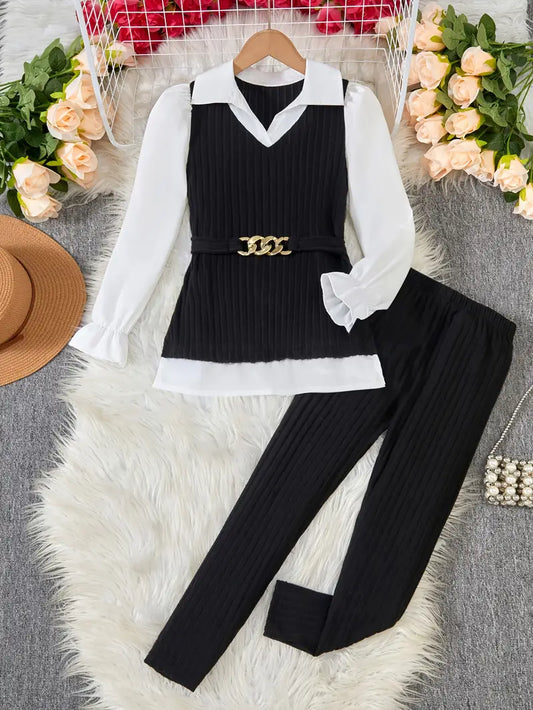 2pcs Girls' Elegant White & Black Striped Tank Top & Wide-Leg Trousers Set - Golden Chain Belt, Uniform Outfit, Casual Winter Clothes for Parties, Weddings, Casual Attire