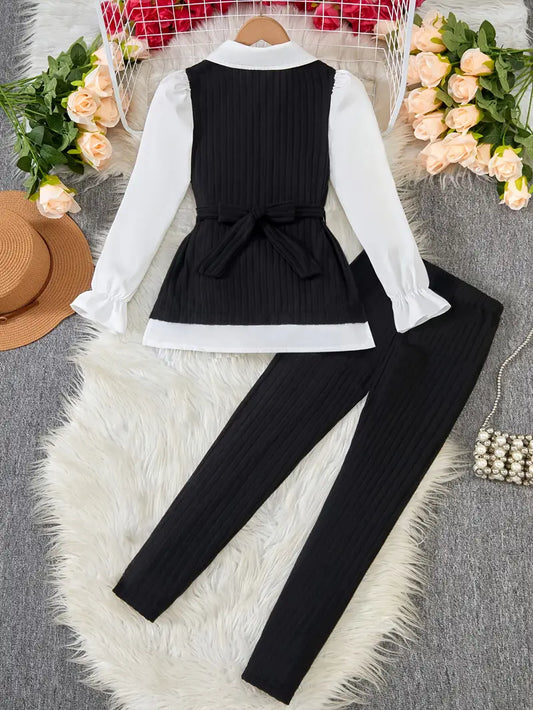 2pcs Girls' Elegant White & Black Striped Tank Top & Wide-Leg Trousers Set - Golden Chain Belt, Uniform Outfit, Casual Winter Clothes for Parties, Weddings, Casual Attire