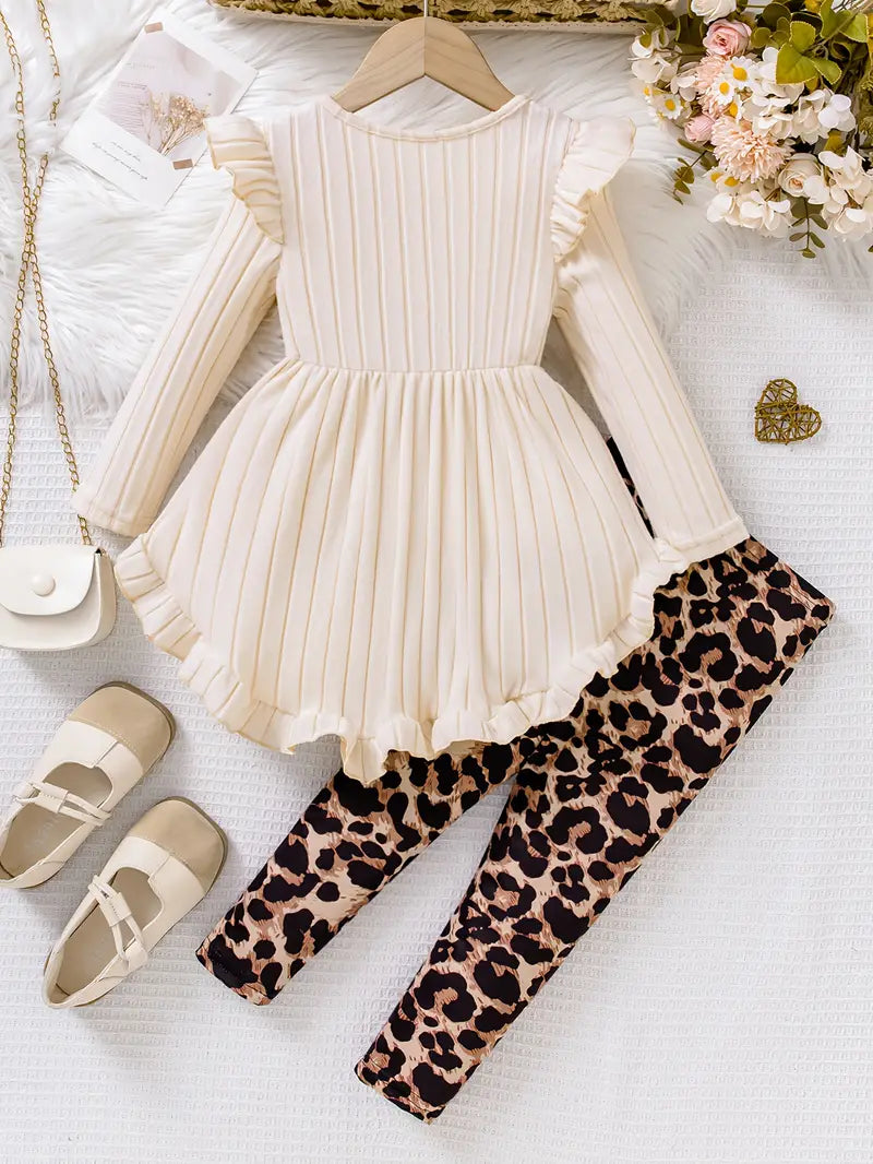 2pcs Knit Solid Color Round Neck Dress Set with Leopard Print Bow Top and Trousers, Black and White